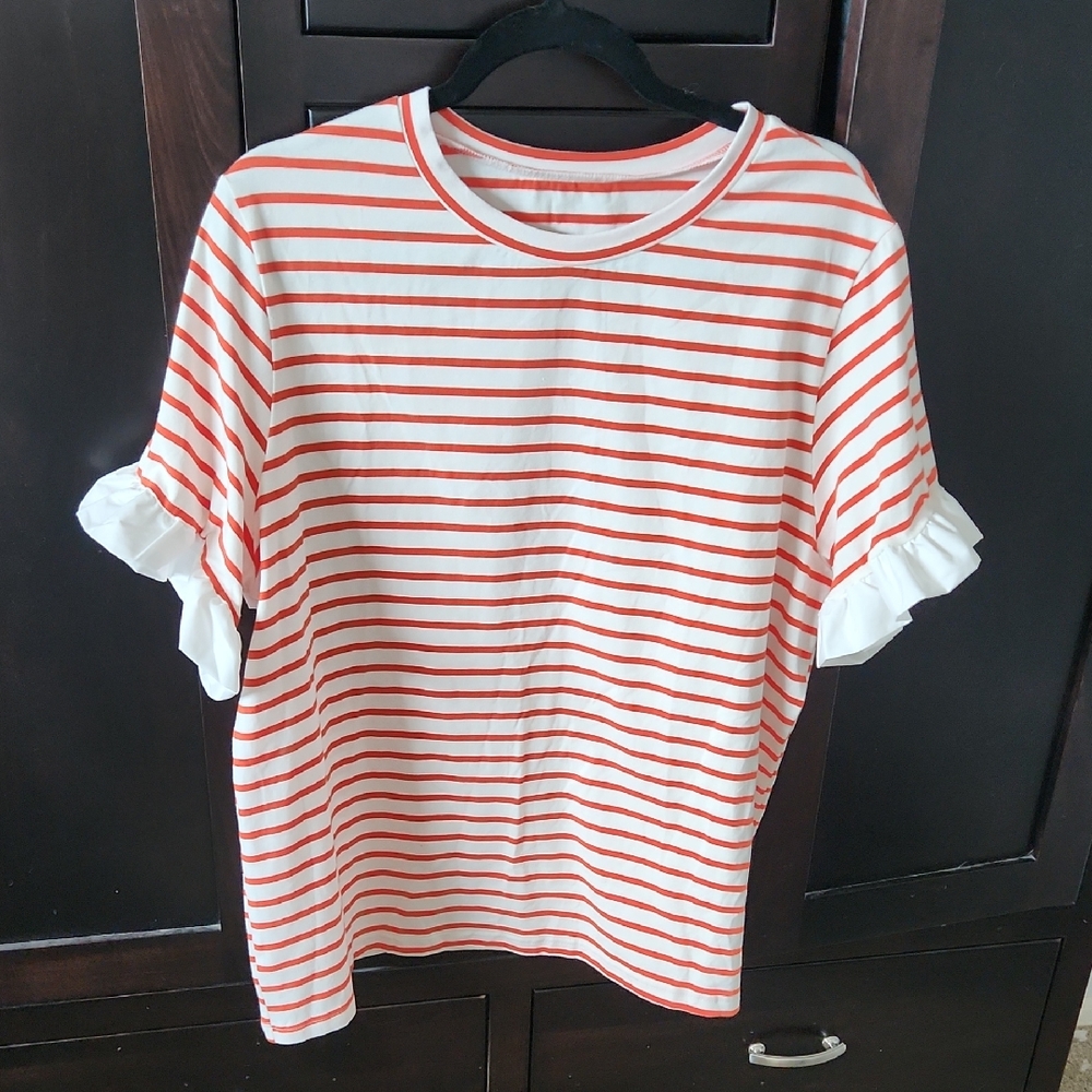 Casual Striped Ruffle Sleeve Top - Orange and White